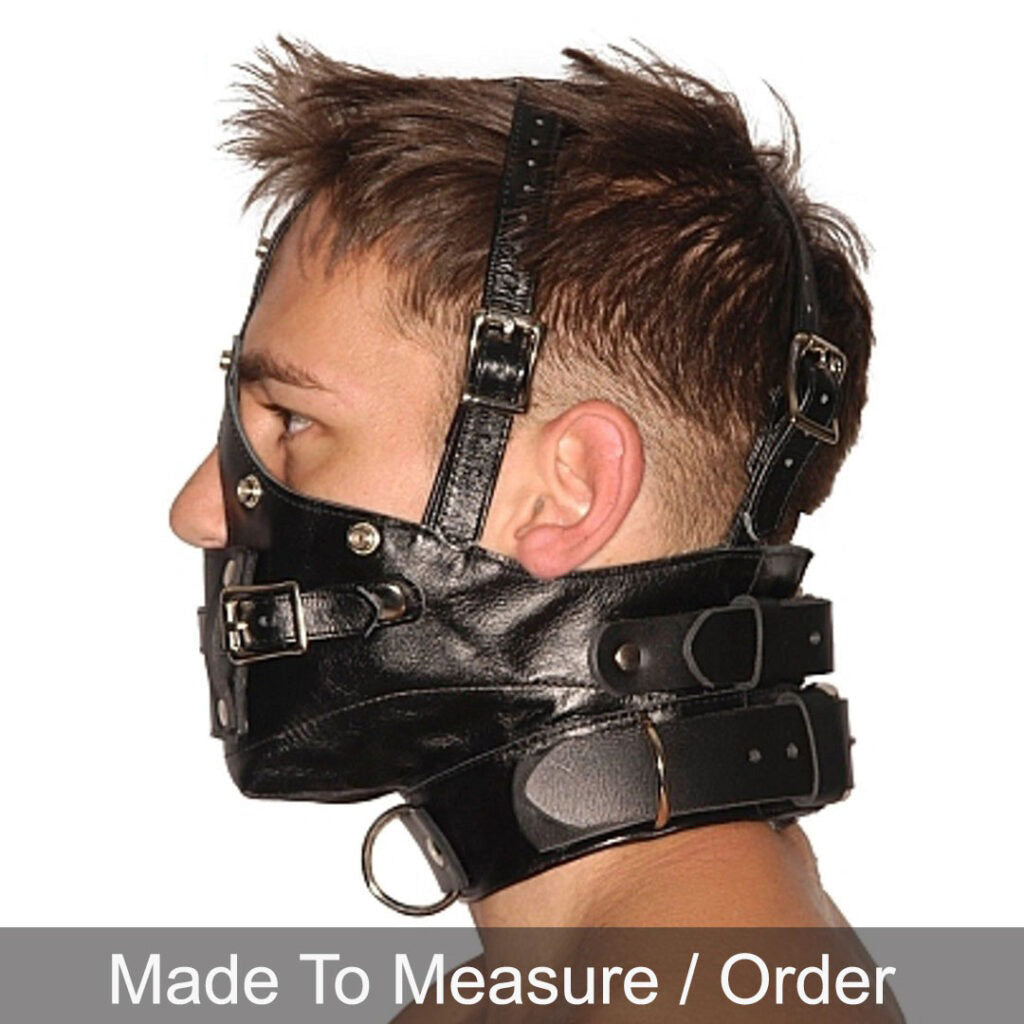 Real Leather Muzzle Hood with Adjustable Gag & Blindfold- Bondage Mask