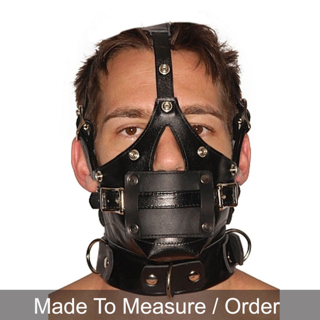Real Leather Muzzle Hood with Adjustable Gag & Blindfold- Bondage Mask