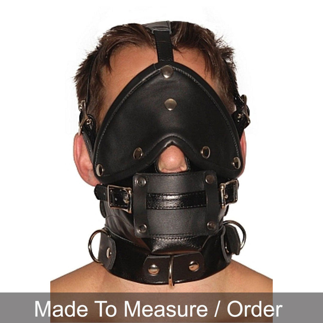 Real Leather Muzzle Hood with Adjustable Gag & Blindfold- Bondage Mask