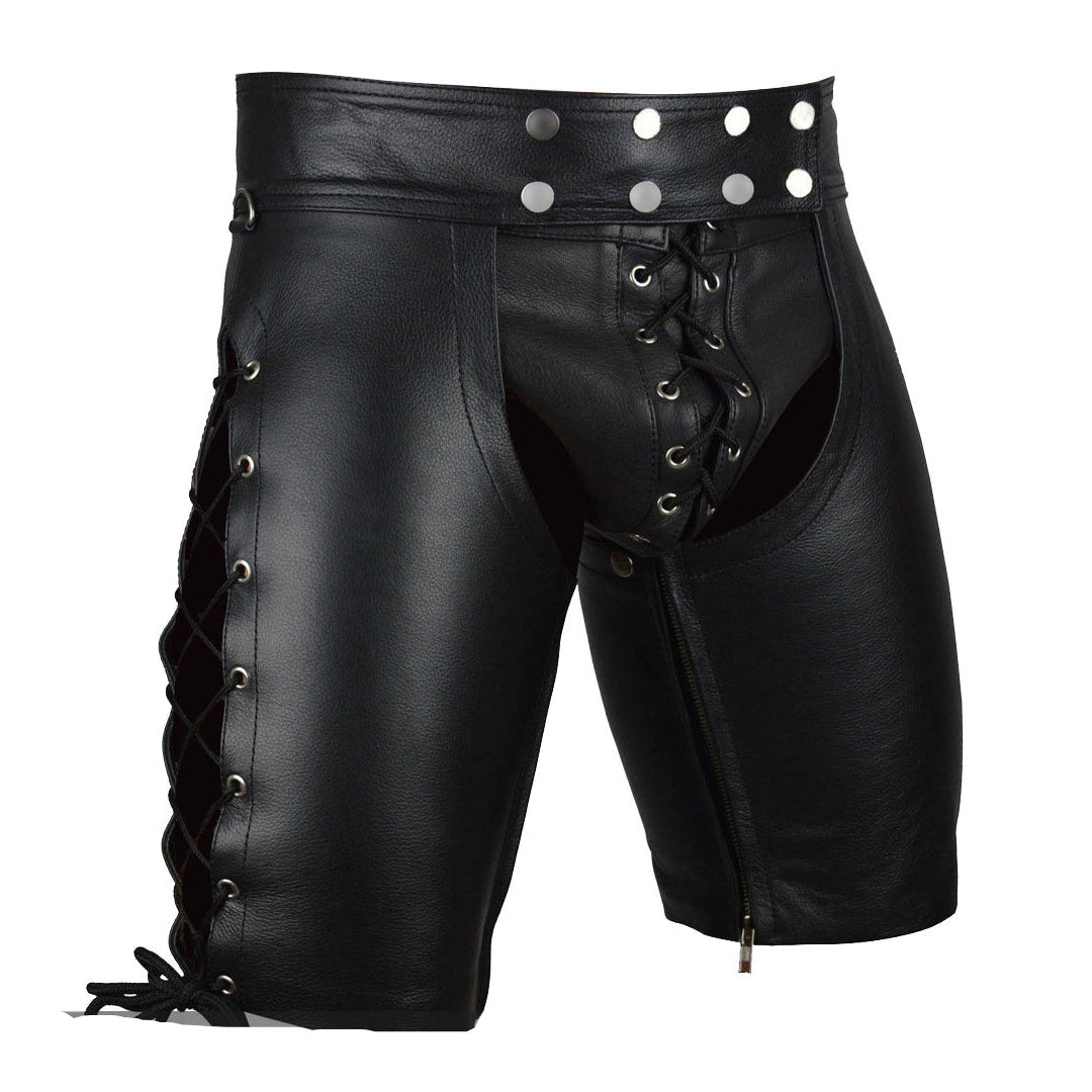Men’s Cowhide Leather Lace-Up Chaps Shorts for Clubwear