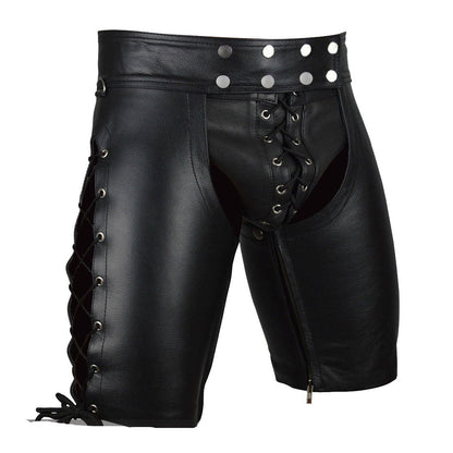 Men’s Cowhide Leather Lace-Up Chaps Shorts for Clubwear