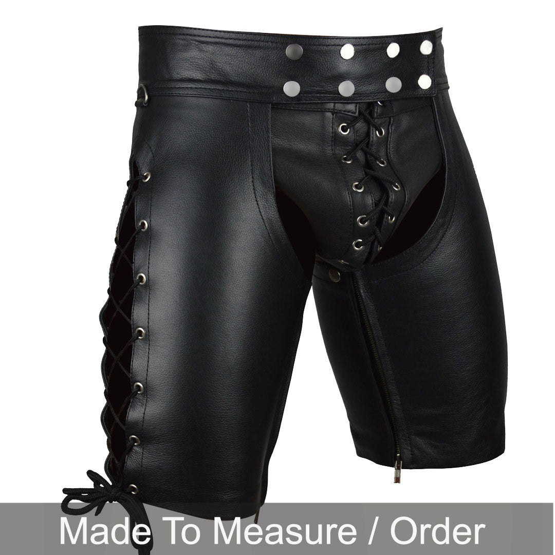 Men’s Cowhide Leather Lace-Up Chaps Shorts for Clubwear