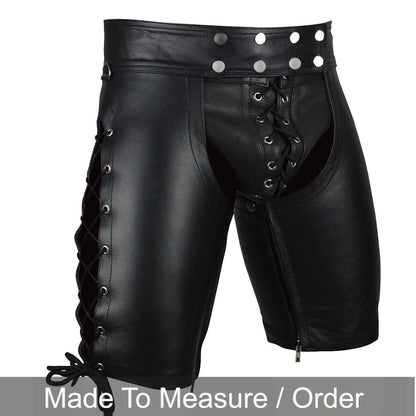 Men’s Cowhide Leather Lace-Up Chaps Shorts for Clubwear