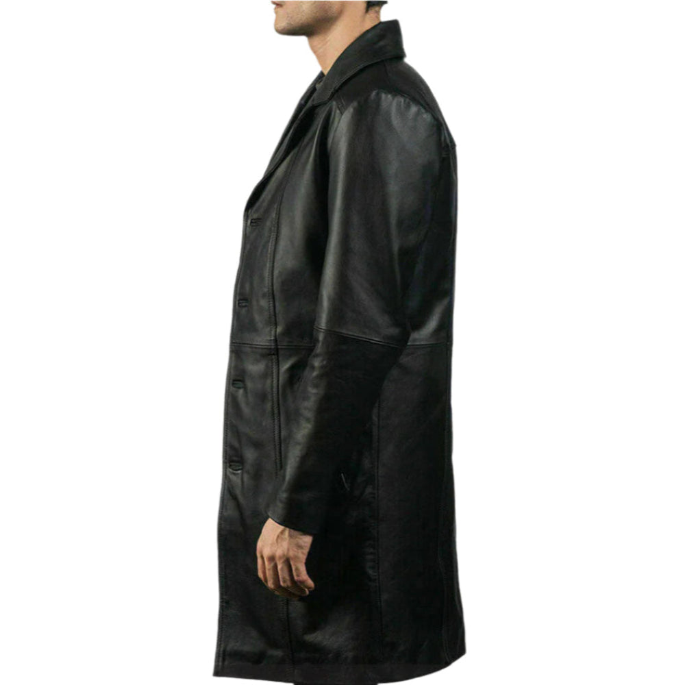 Black leather coat worn by a person on a white background