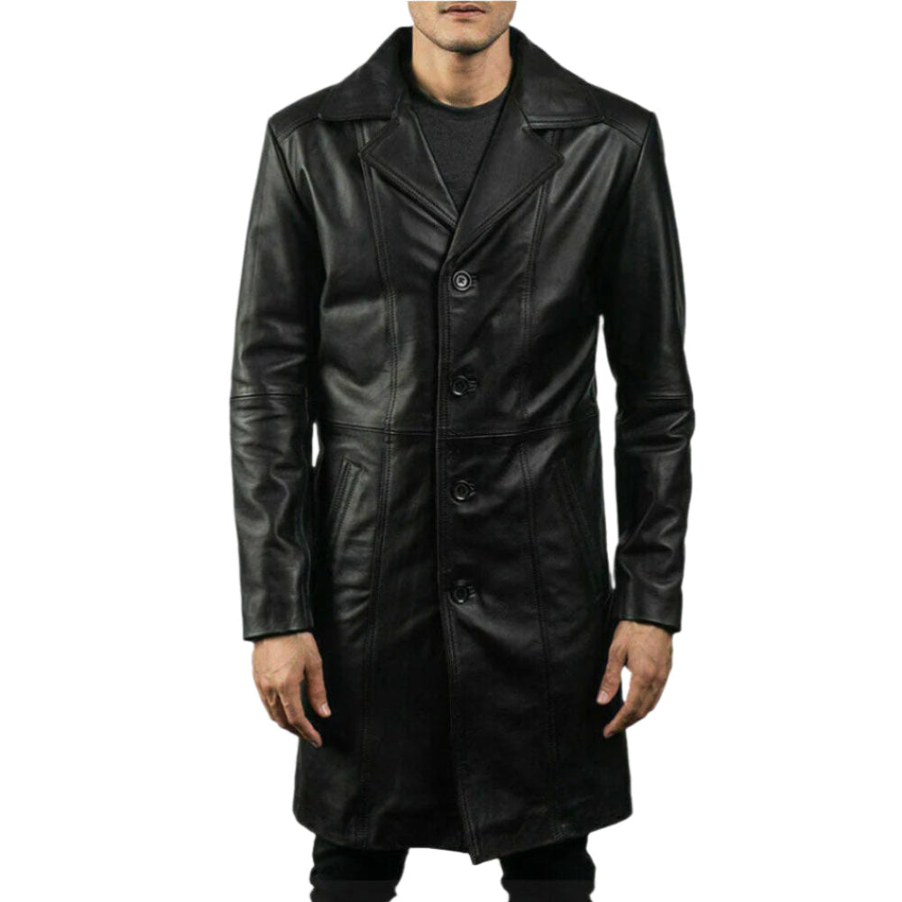 Black leather coat worn by a person on a white background