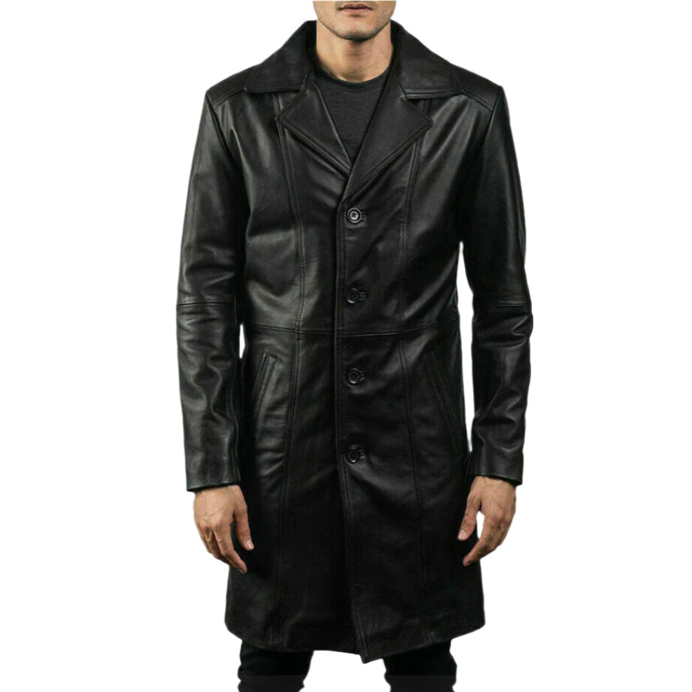 Men’s Real Lamb Leather Trench Coat – Handmade Knee-Length Biker Jacket