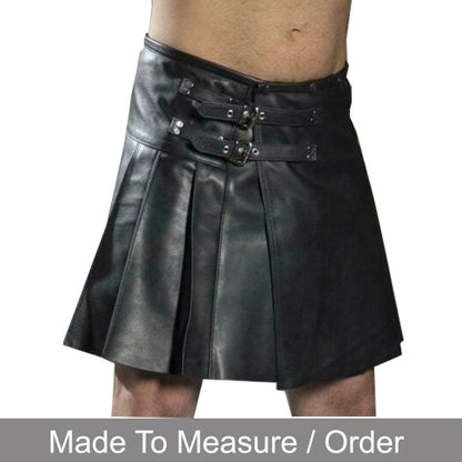 Men’s Real Cowhide Pleated Leather Kilt – Clubwear Party Kilt with Buckle Closure