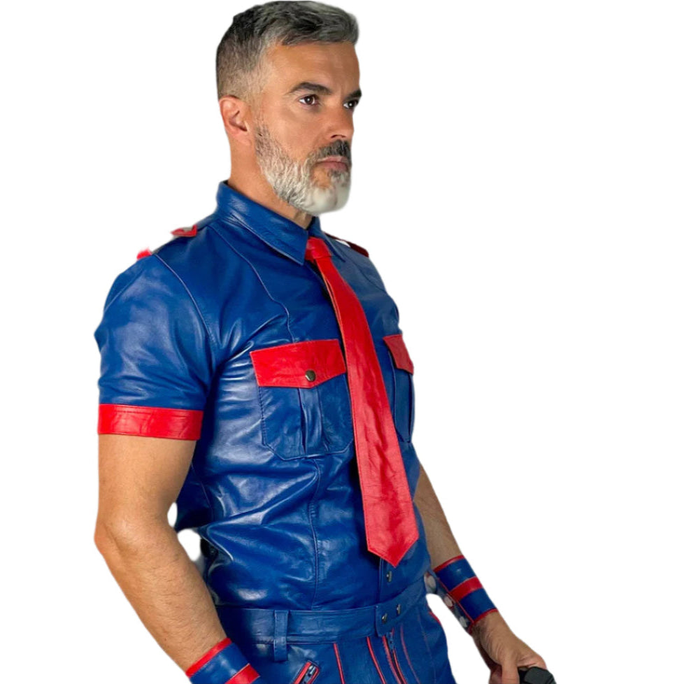 Men’s BLUF Cowhide Leather Police Shirt with Red Piping