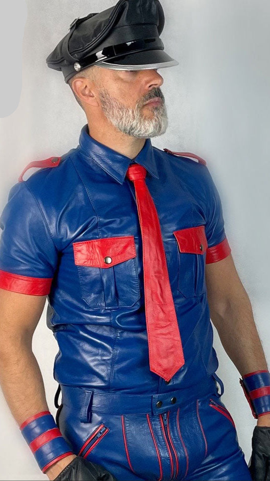 Men’s BLUF Cowhide Leather Police Shirt with Red Piping