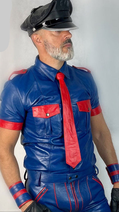 Men’s BLUF Cowhide Leather Police Shirt with Red Piping