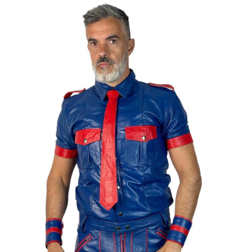 Men’s BLUF Cowhide Leather Police Shirt with Red Piping