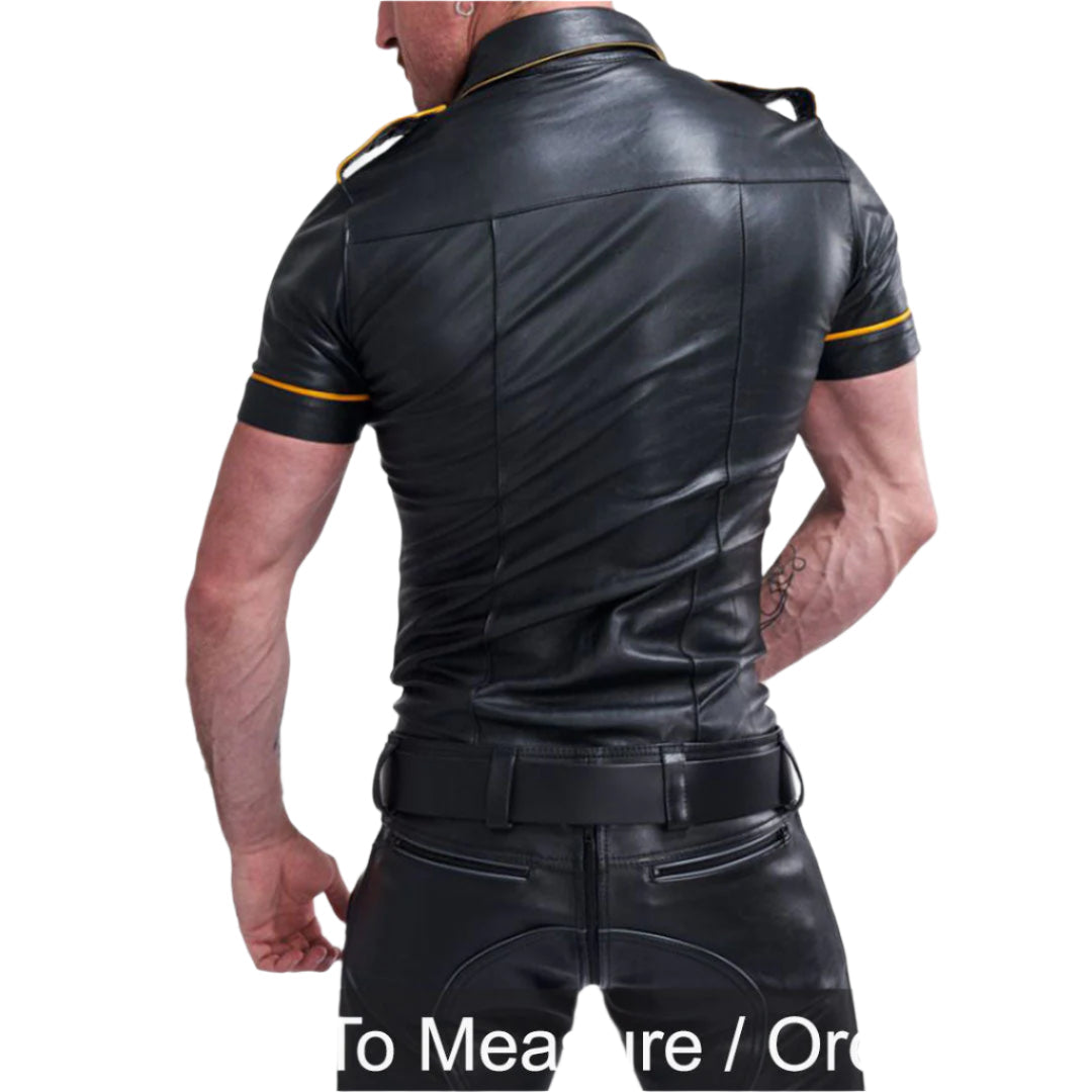 Men's Real Lamb Leather Police Uniform Shirt – Casual Clubwear with Yellow Piping & Chrome Buttons