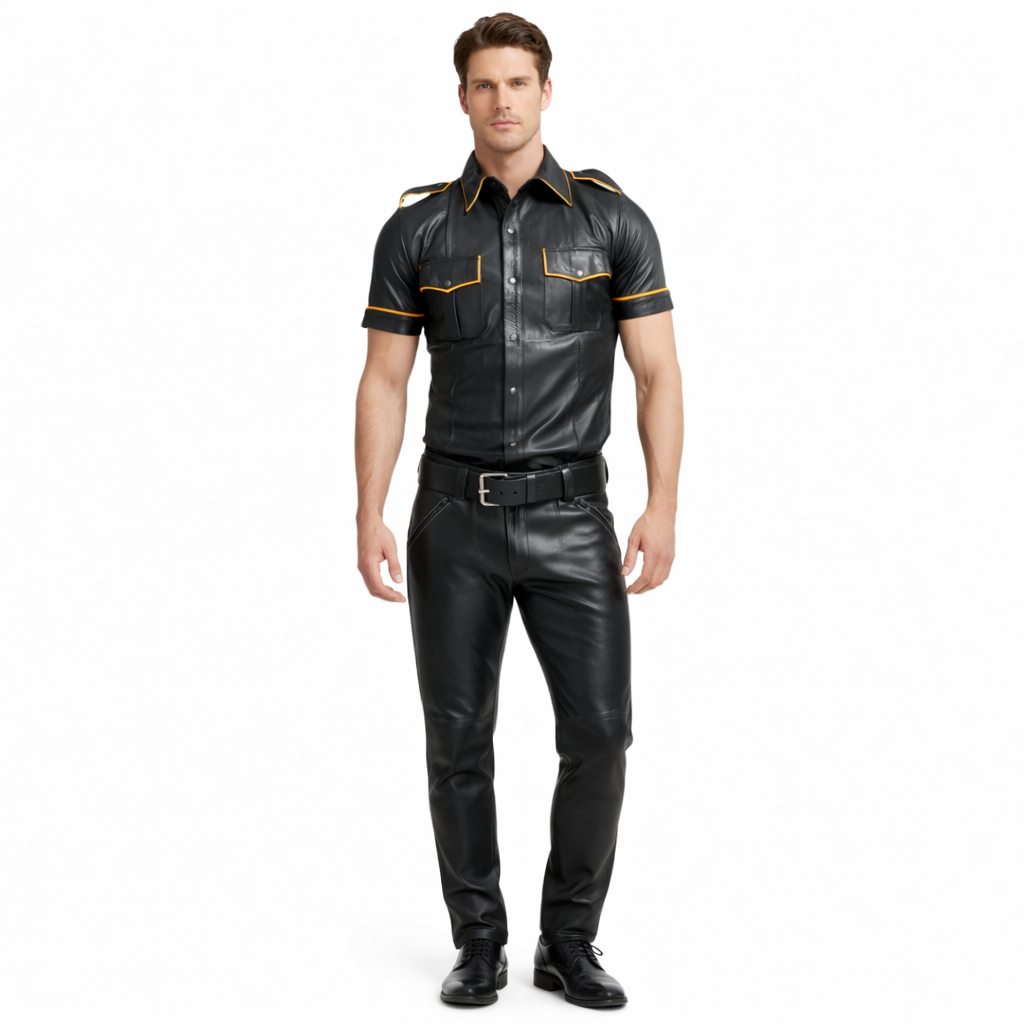 Men's Real Lamb Leather Police Uniform Shirt – Casual Clubwear with Yellow Piping & Chrome Buttons