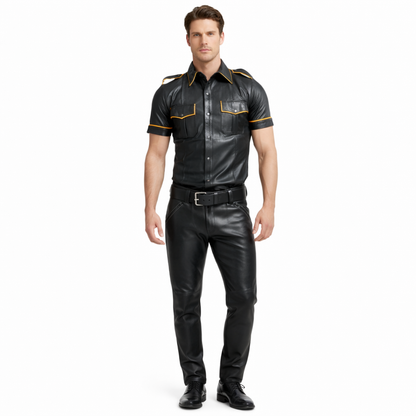 Men's Real Lamb Leather Police Uniform Shirt – Casual Clubwear with Yellow Piping & Chrome Buttons