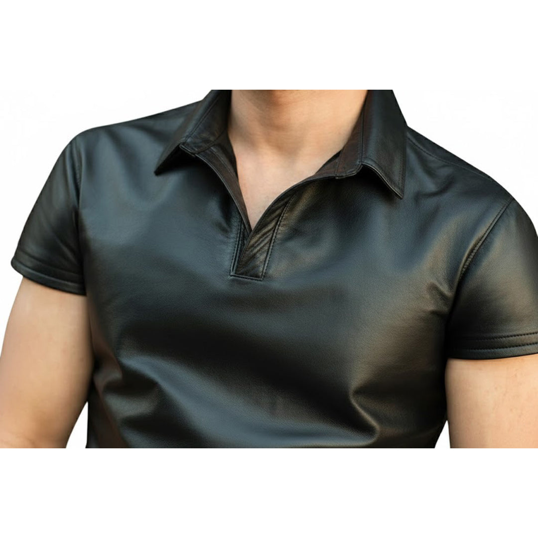 Men’s Real Lambskin Polo – Short-Sleeve Leather Shirt in 3 Color Options