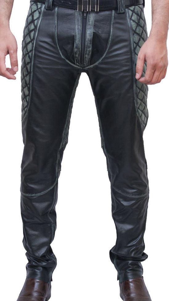Men’s Distressed Leather Biker Pants – Handmade Cowhide with Quilted Panels