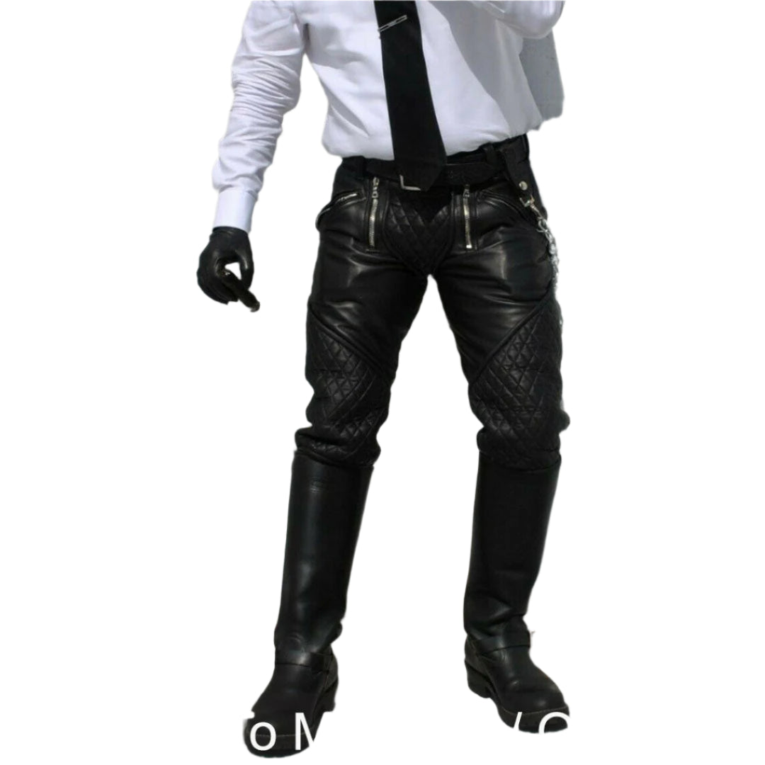 Men’s Slim Leather Carpenter Pants – Quilted Cowhide Biker Style