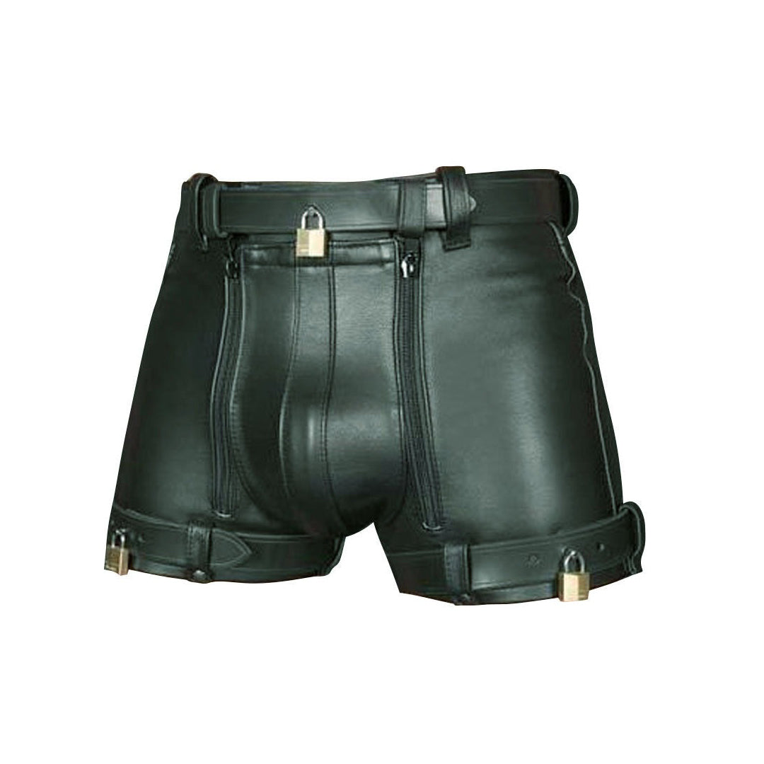 Men’s Locking Leather Chastity Shorts | Free Padlocks Front / Back | Belt