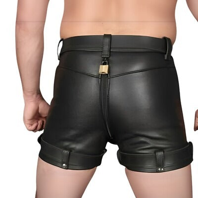 Men’s Locking Leather Chastity Shorts | Free Padlocks Front / Back | Belt