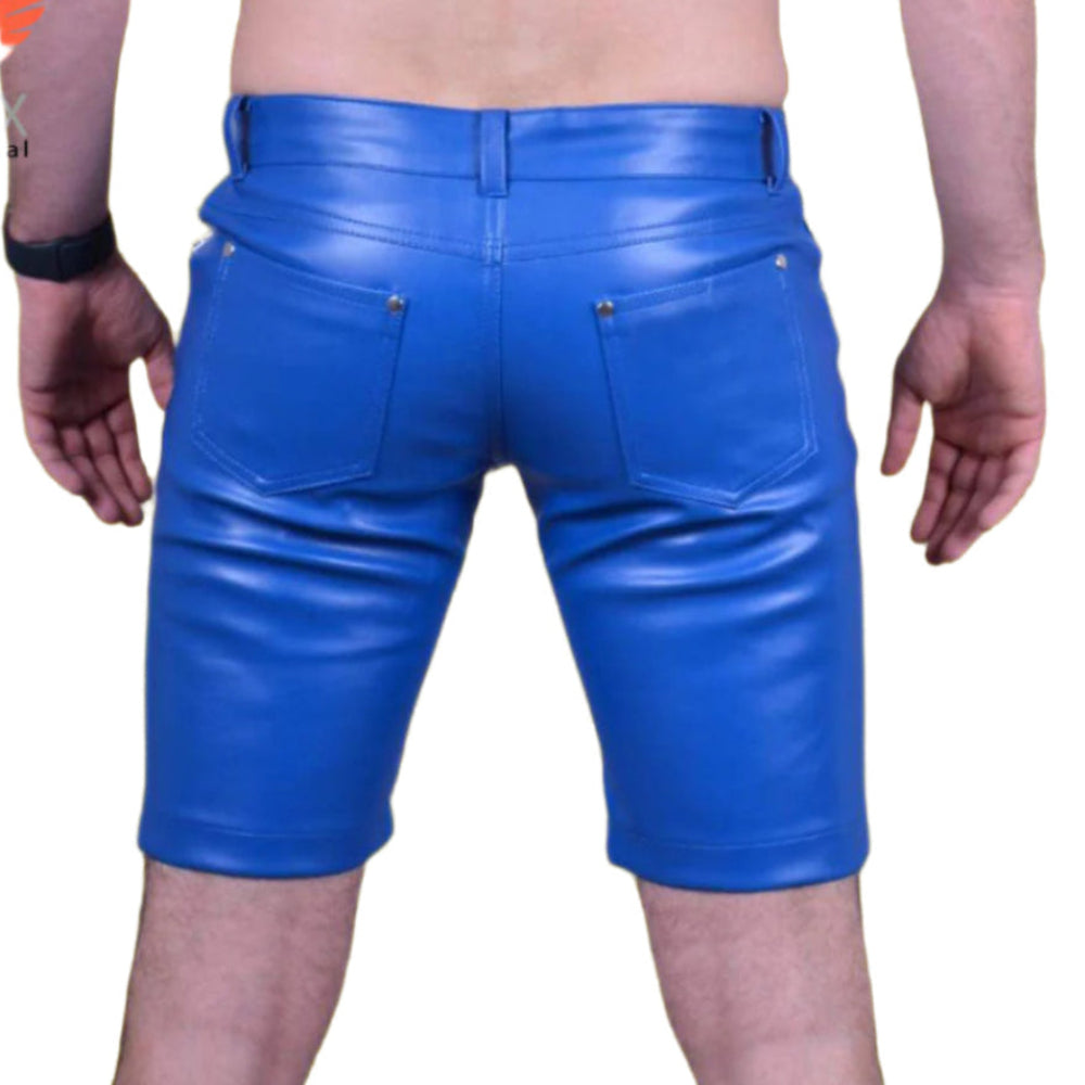 Men’s Slim Fit Blue Lamb Leather Shorts with 5 Pockets