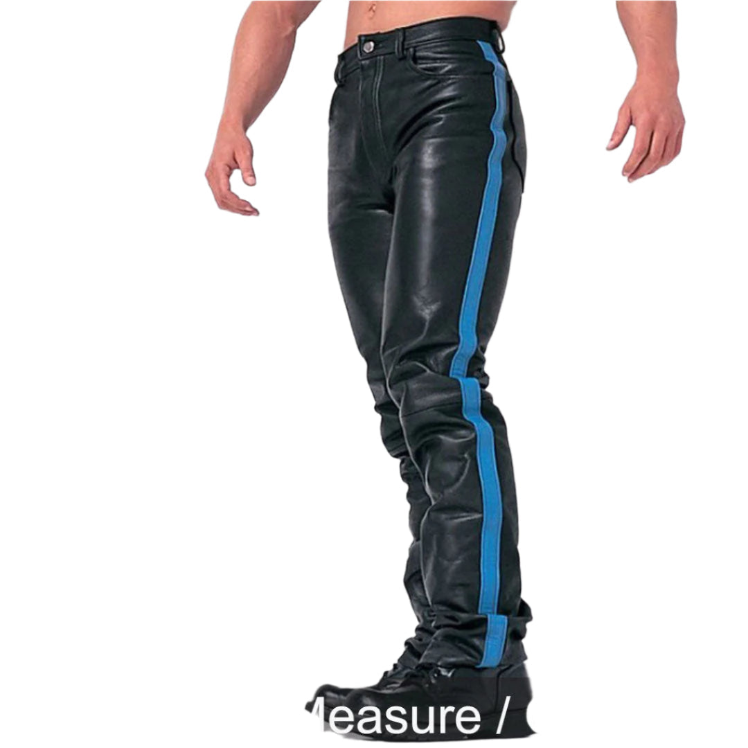 Men’s Leather Biker Pants – 5 Pocket Cowhide Trousers with Stripes