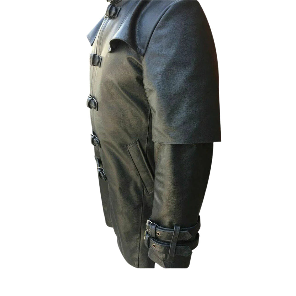 Men's black real leather steampunk duster coat with high collar, adjustable waist belt, and antique zipper detailing.