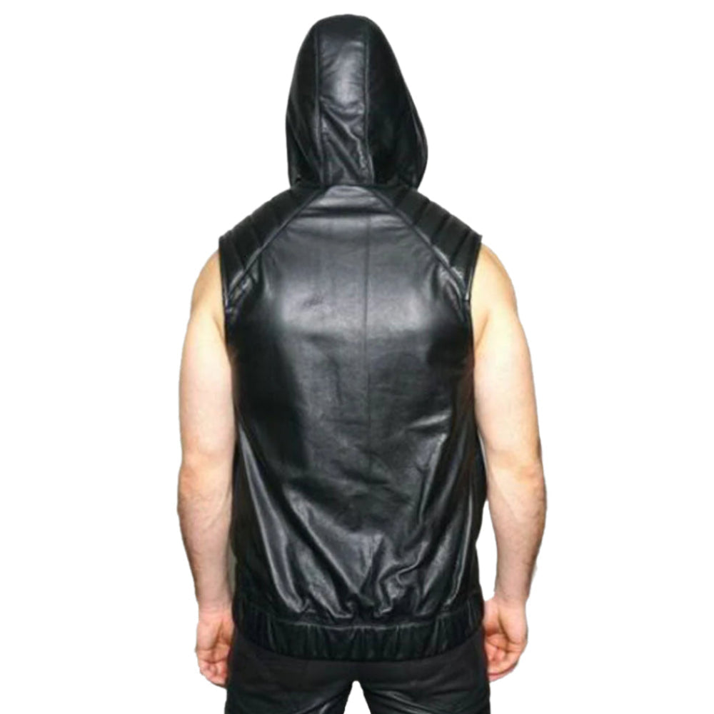 Men’s Leather Hooded Vest – Quilted Sleeveless Jacket with Drawstring Hood