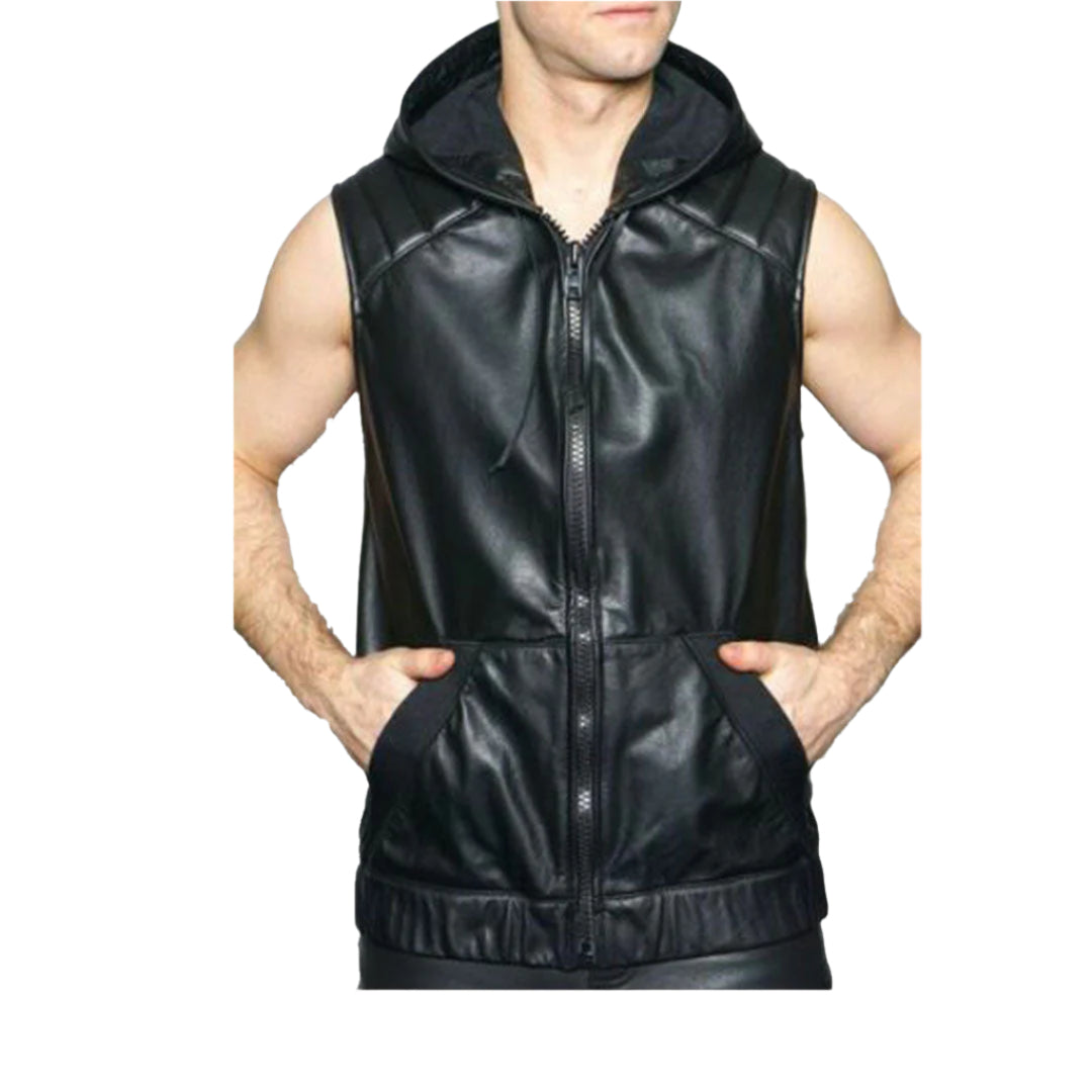 Men’s Leather Hooded Vest – Quilted Sleeveless Jacket with Drawstring Hood
