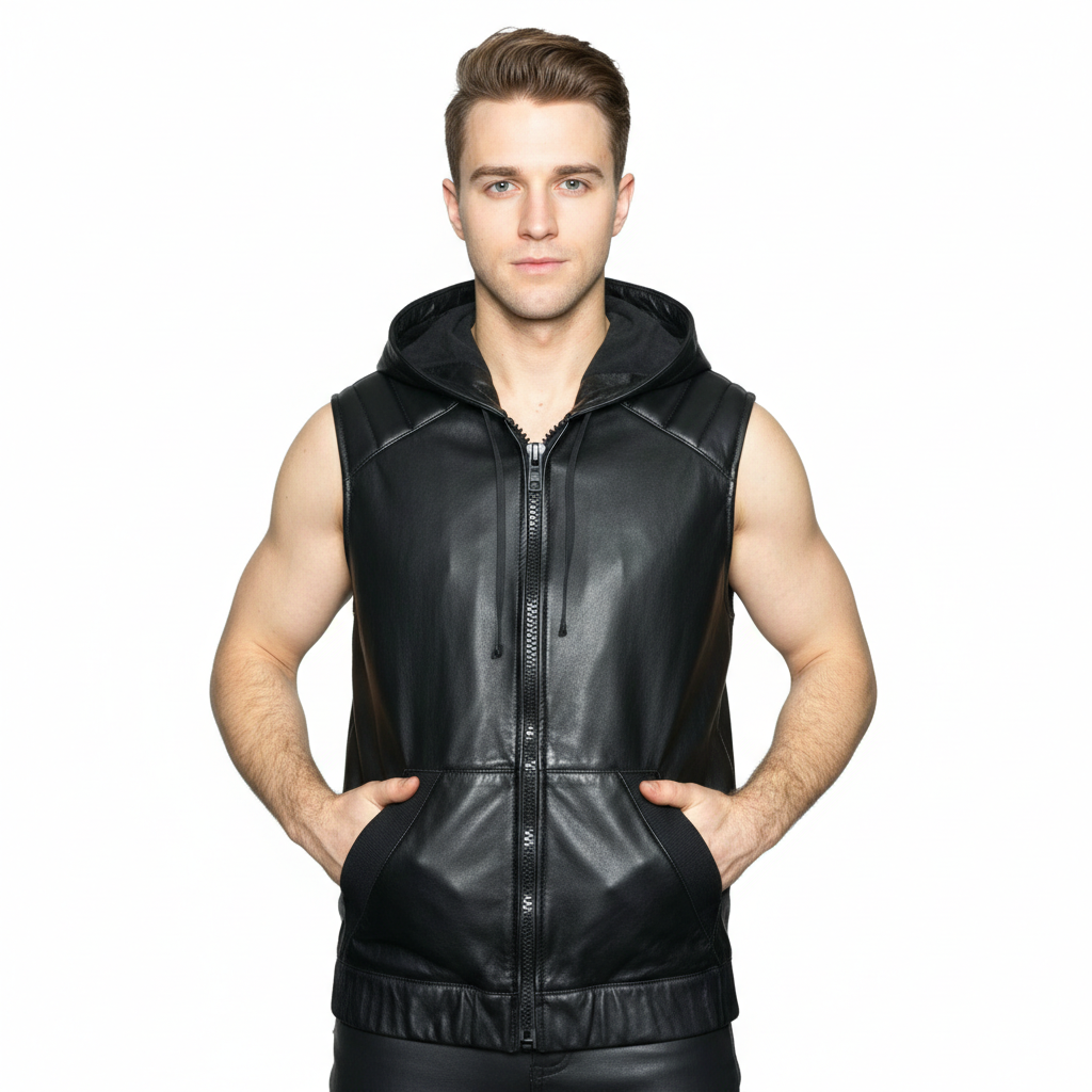 Men’s Leather Hooded Vest – Quilted Sleeveless Jacket with Drawstring Hood