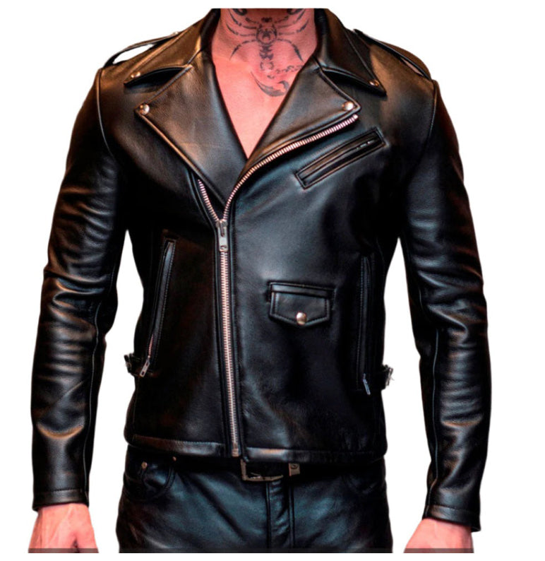 Men’s Genuine Cowhide Leather Biker Jacket – Classic Black Brando Style