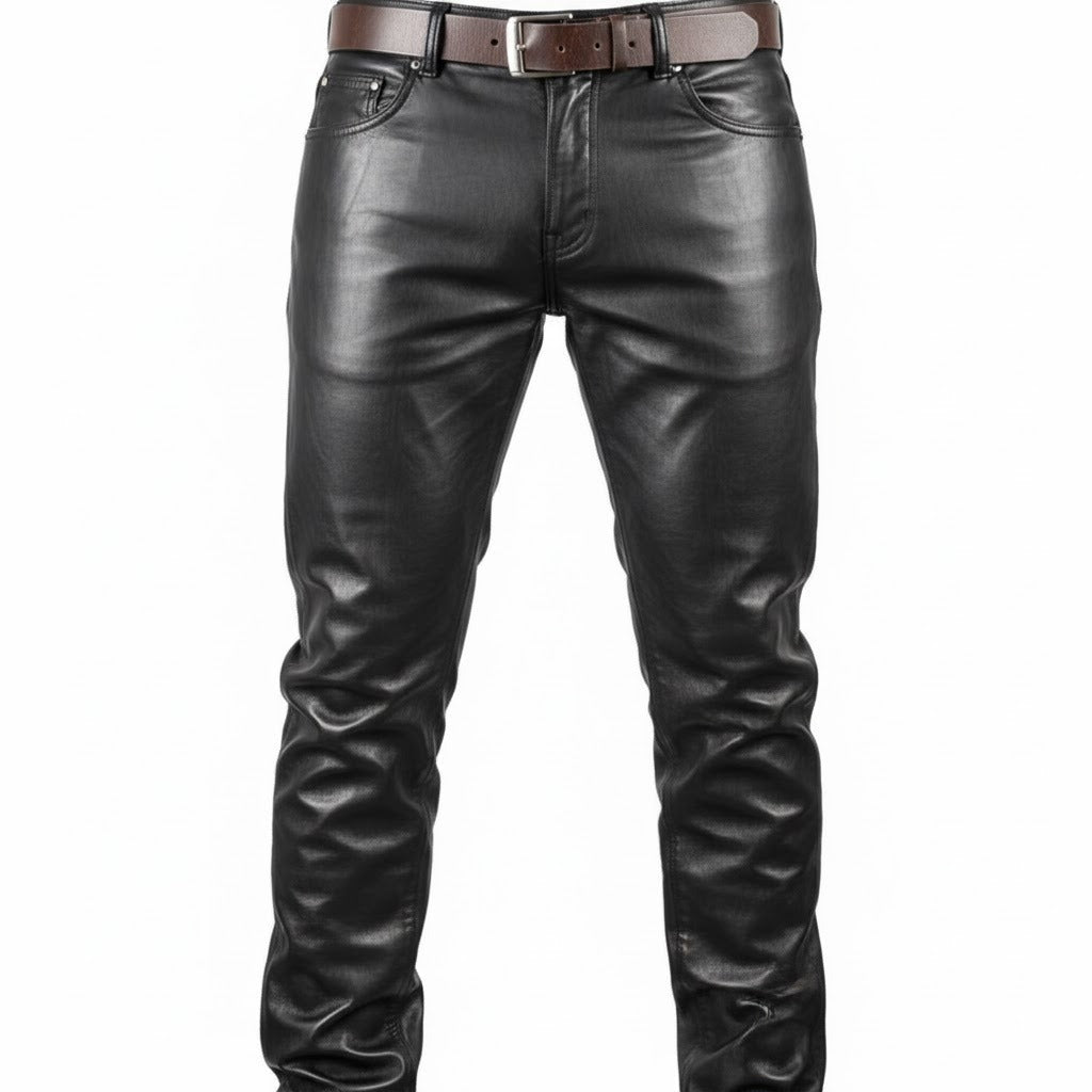 Men’s Vintage Cowhide Leather Biker Pants – Handmade 5-Pocket Style