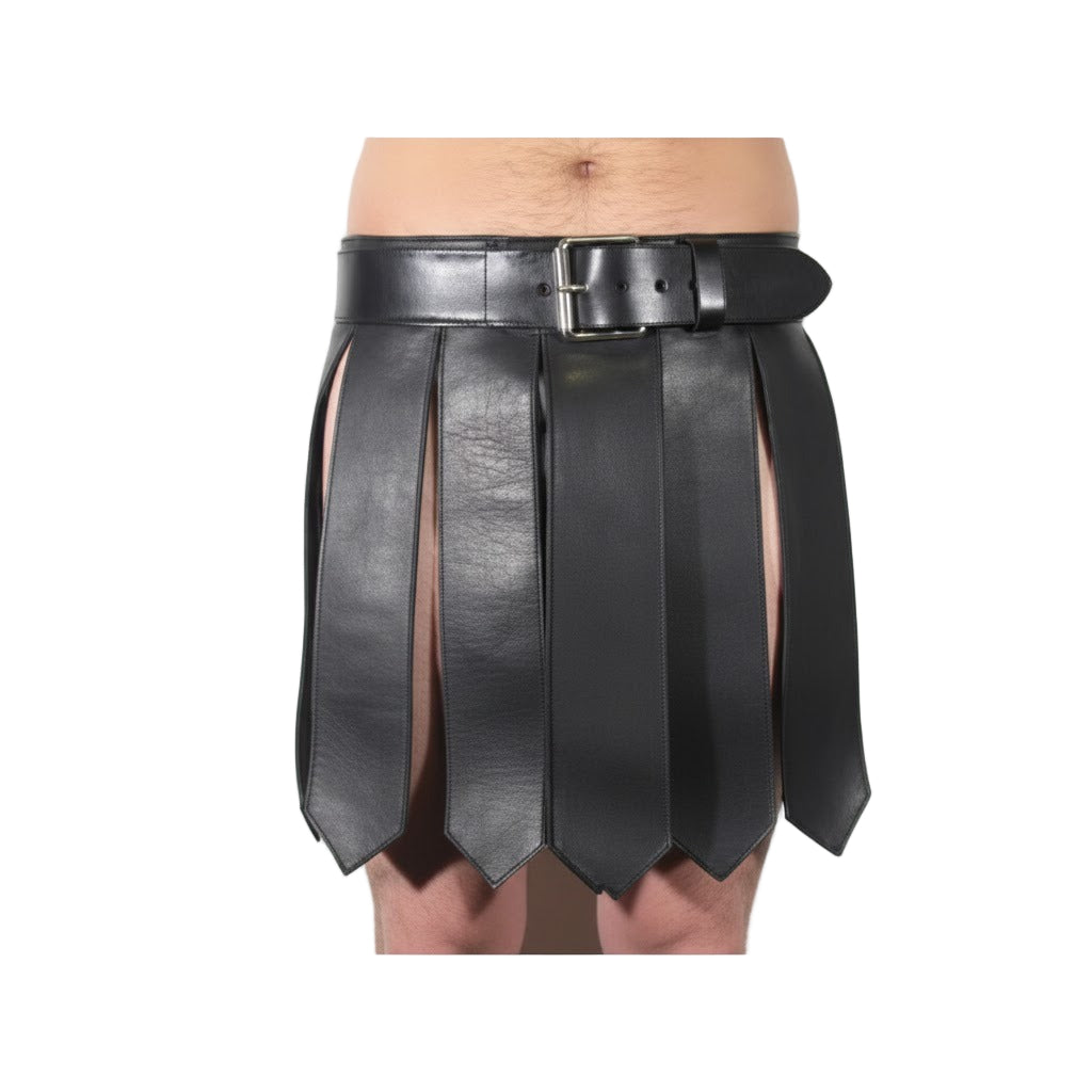 Men’s Genuine Leather Gladiator Kilt – Black Handmade Clubwear Kilt