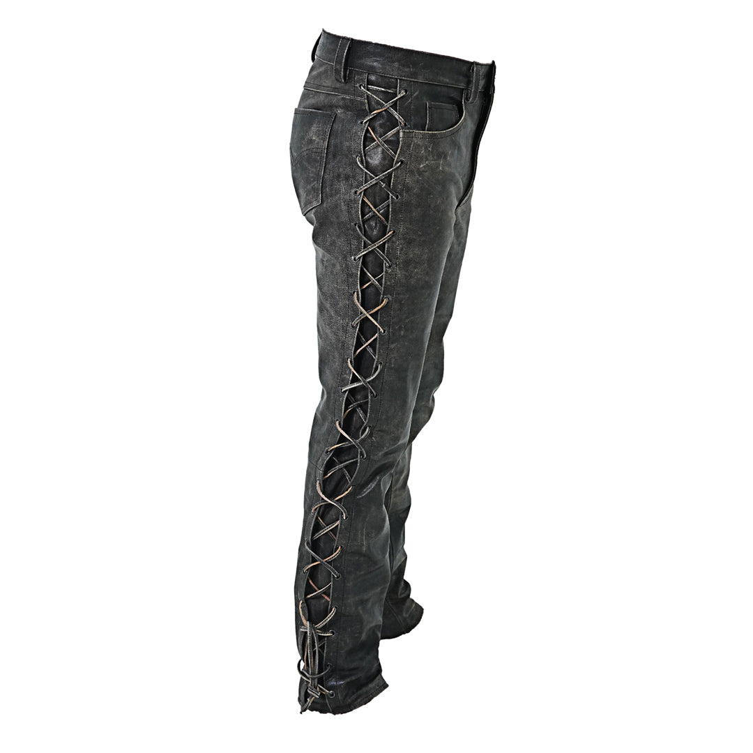 Men's Distressed Cowhide Leather Lace-Up Biker Pants