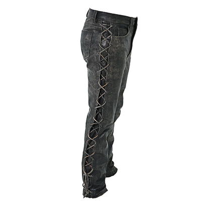 Men's Distressed Cowhide Leather Lace-Up Biker Pants