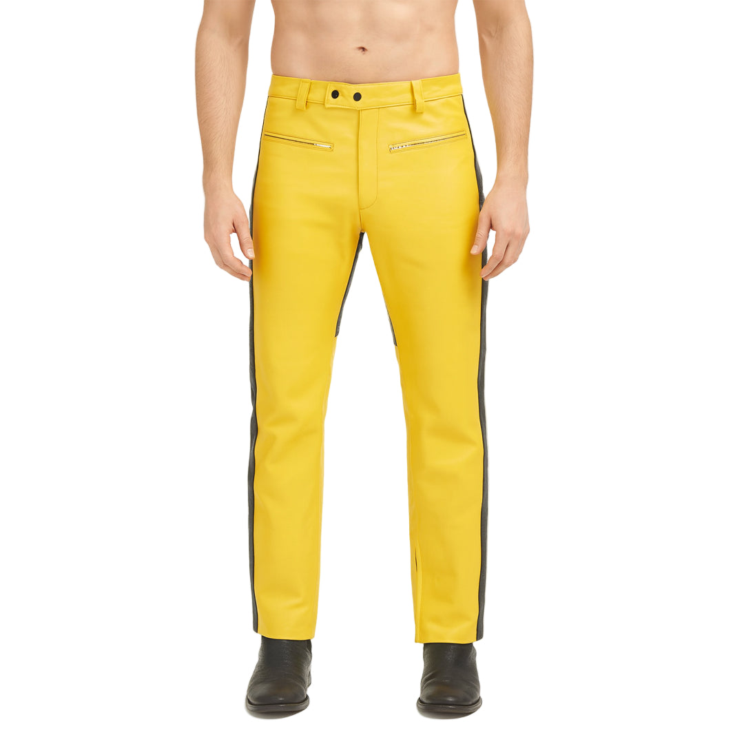 Men’s Cowhide Leather Biker Pants – Yellow & Black Panel Design