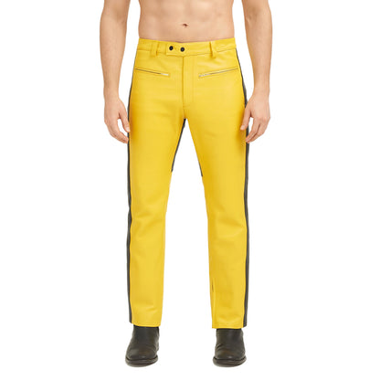 Men’s Cowhide Leather Biker Pants – Yellow & Black Panel Design