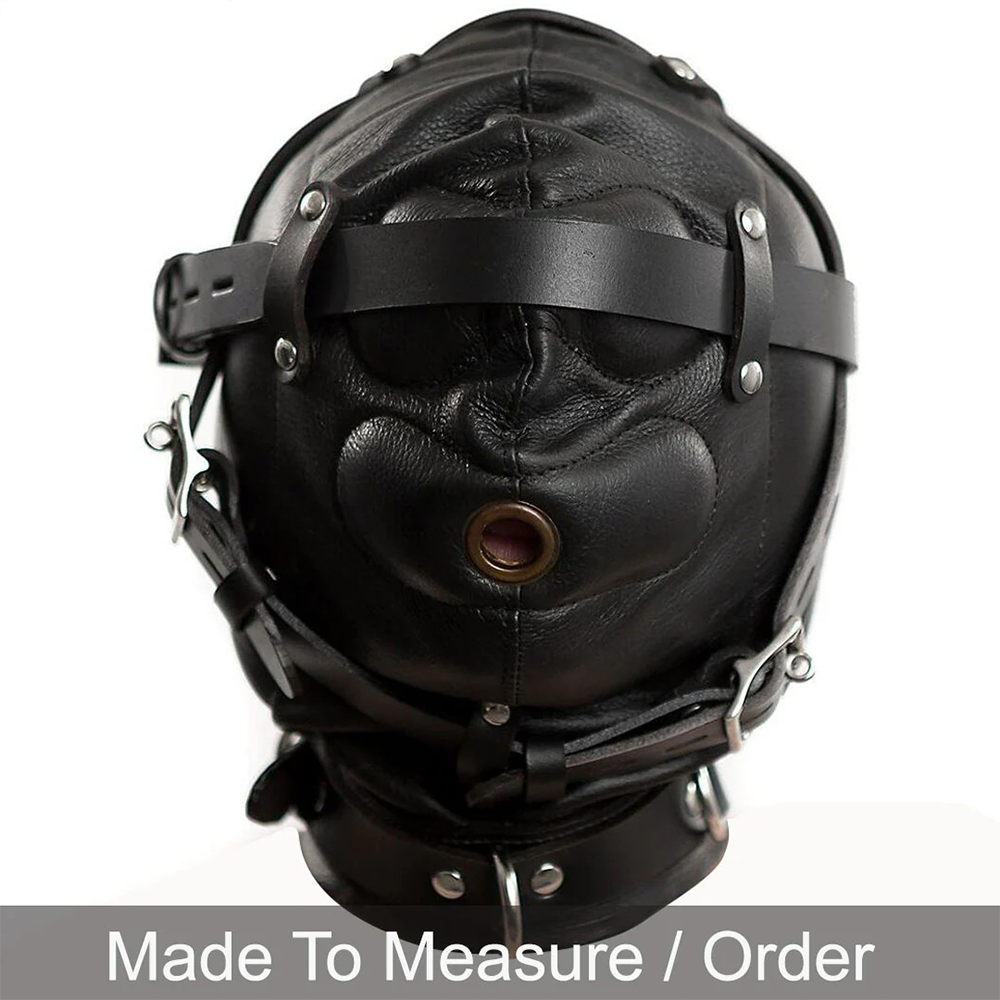 Leather Sensory Deprivation Hood – Locking Mouth Mask with Blindfolds