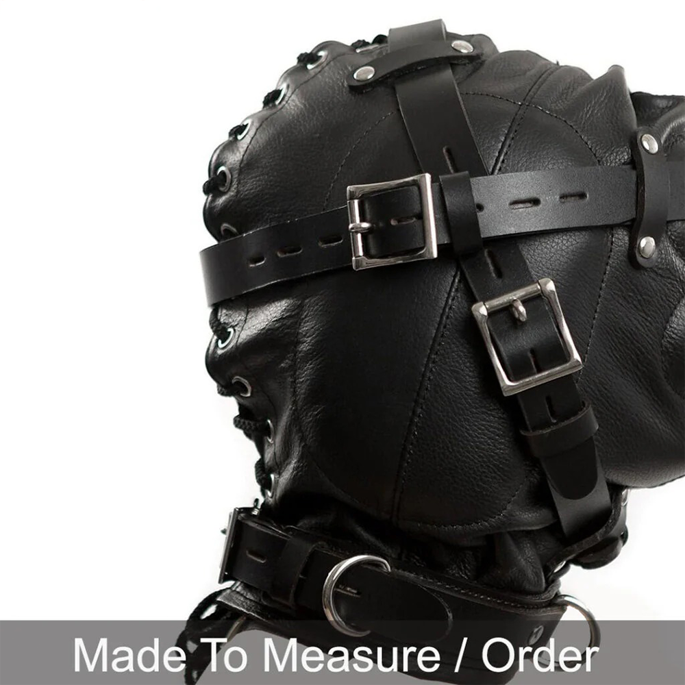 Leather Sensory Deprivation Hood – Locking Mouth Mask with Blindfolds