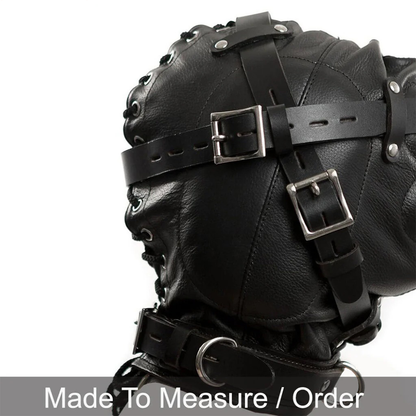Leather Sensory Deprivation Hood – Locking Mouth Mask with Blindfolds