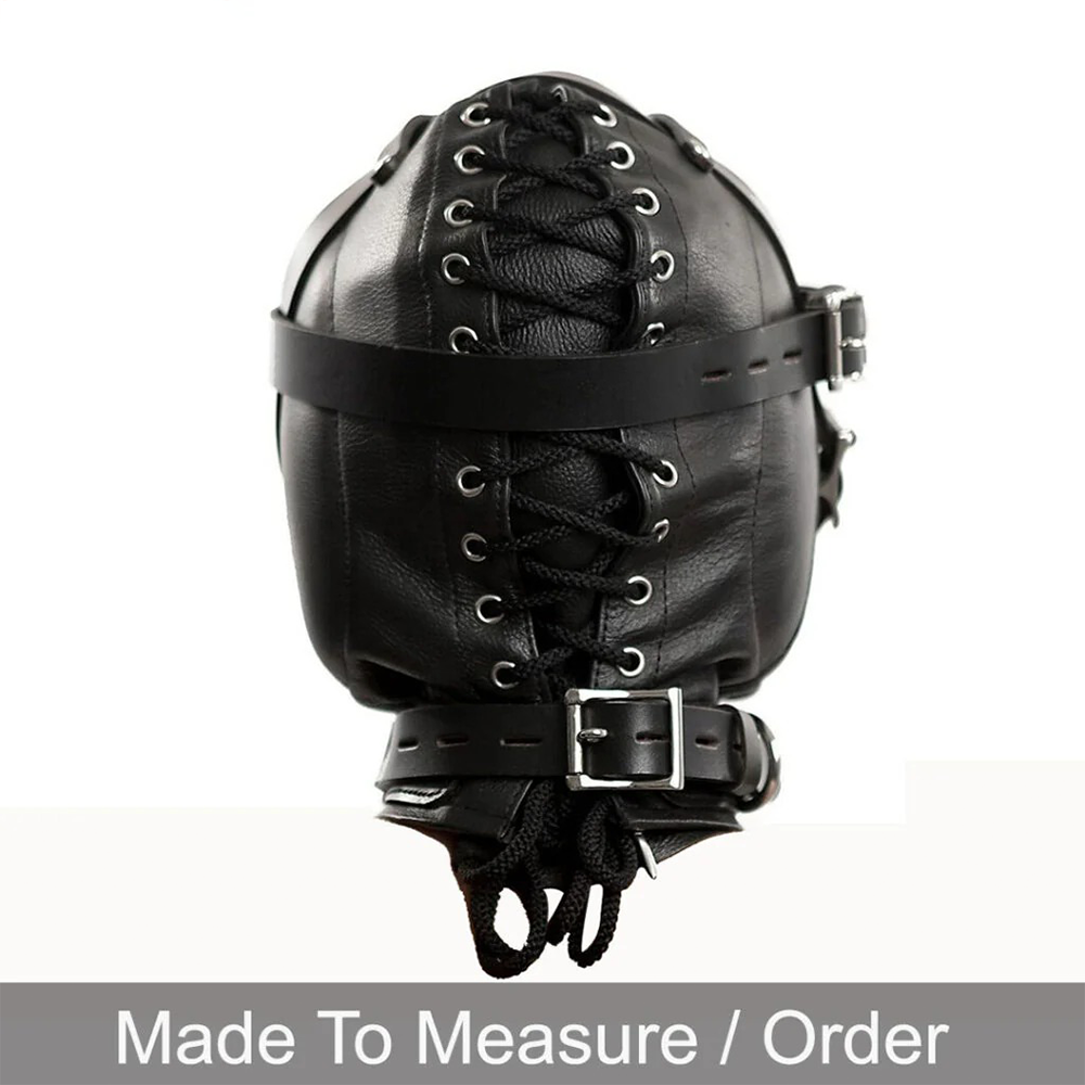 Leather Sensory Deprivation Hood – Locking Mouth Mask with Blindfolds