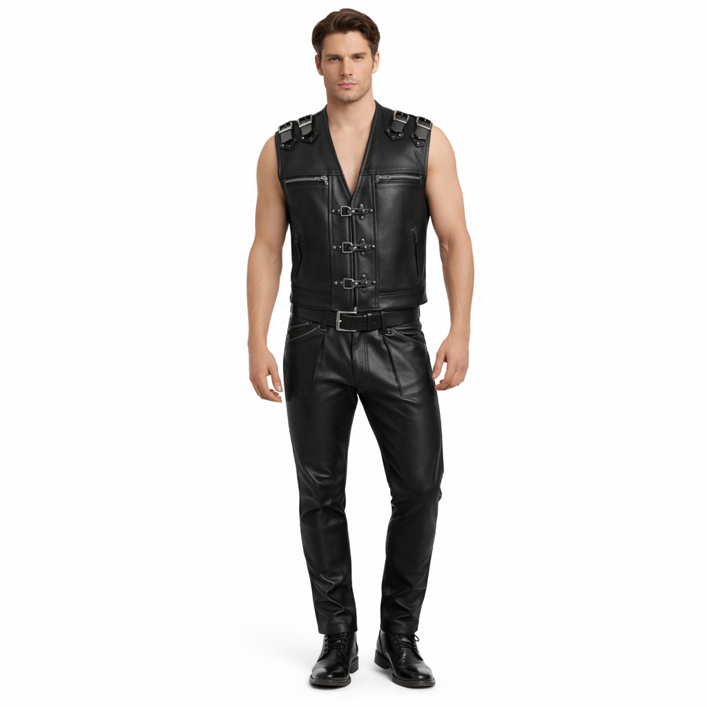 Men’s Black Real Cowhide Leather Motorcycle Biker Vest