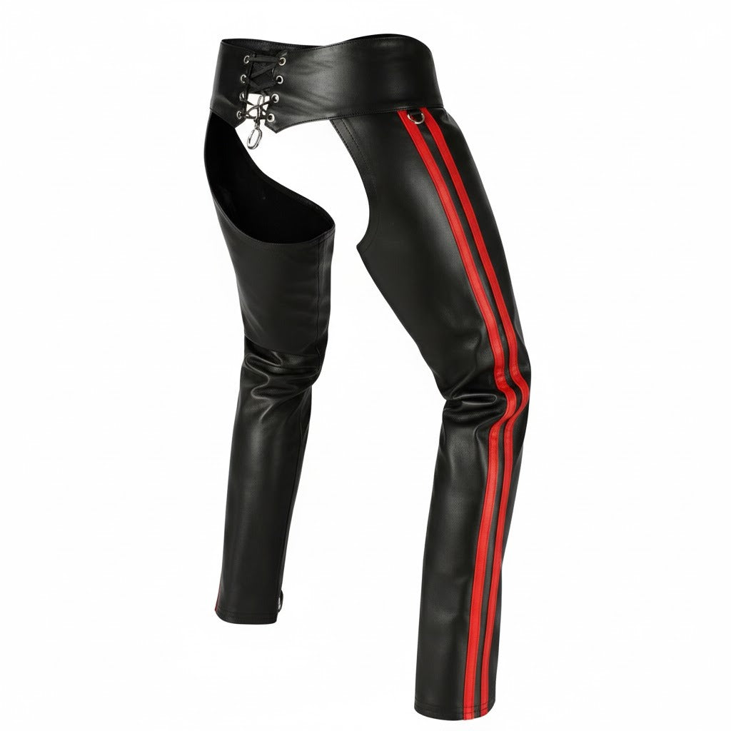 Men’s Genuine Nappa Leather Biker Chaps with Removable Codpiece & Stripe Design