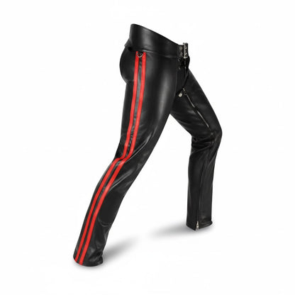 Men’s Genuine Nappa Leather Biker Chaps with Removable Codpiece & Stripe Design