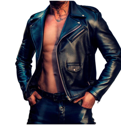 Men’s Genuine Cowhide Leather Biker Jacket – Classic Black Brando Style