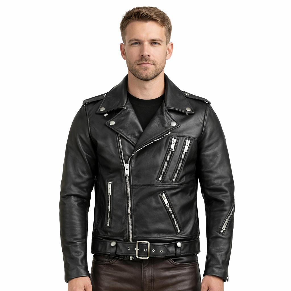Men’s Classic Brando Leather Biker Jacket – Studded Lapels & Zip Cuffs