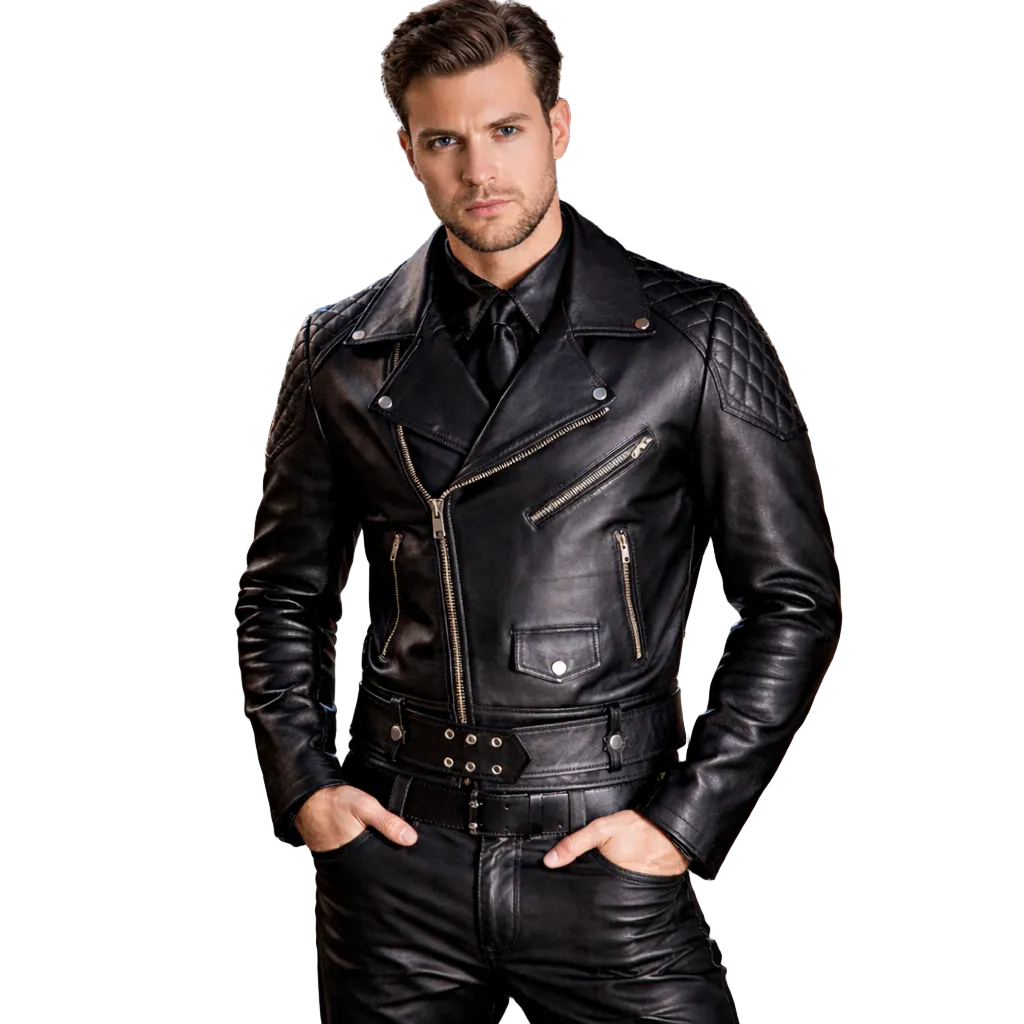 Men’s Cowhide Leather Biker Jacket with Quilted Brando Motorcycle Design