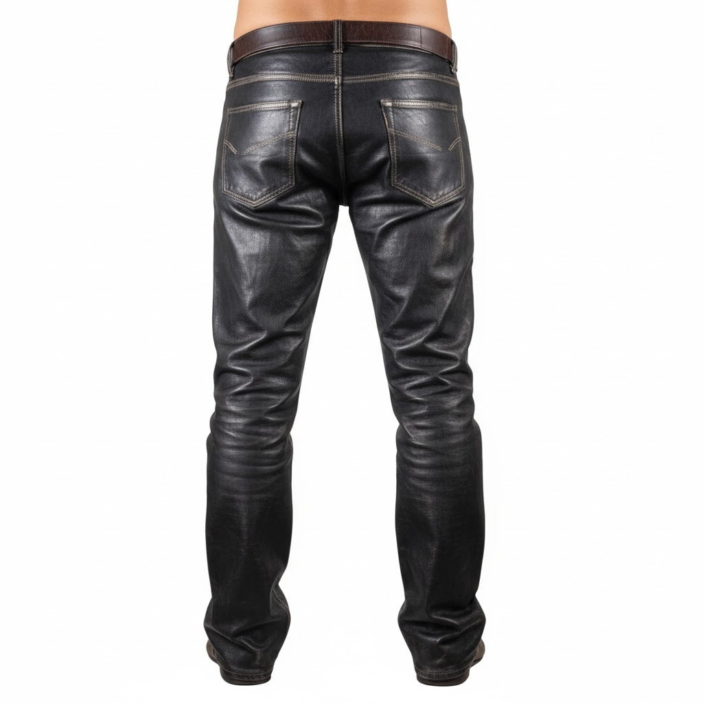 Men’s Vintage Cowhide Leather Biker Pants – Handmade 5-Pocket Style