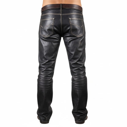 Men’s Vintage Cowhide Leather Biker Pants – Handmade 5-Pocket Style