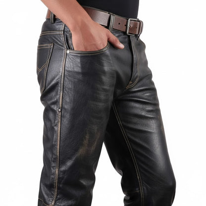 Men’s Vintage Cowhide Leather Biker Pants – Handmade 5-Pocket Style