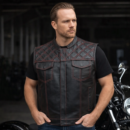 Men's Genuine Cowhide Leather Biker Vest with Contrast Stitch Detailing